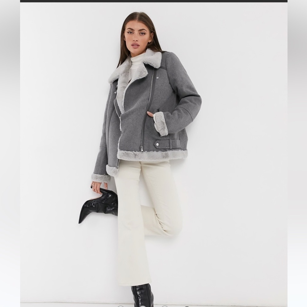 Vero Moda Aviator Jacket in Grey Wool with Faux Fur Trim Size S Brand New - Picture 4 of 11